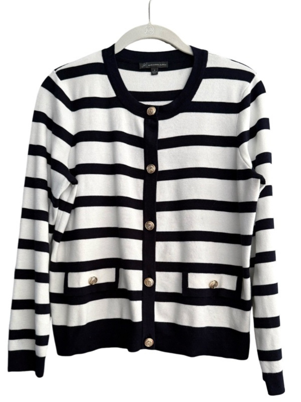 Adrianna Papell Striped Cardigan Sweater Structured Boxy White Navy Blue Size S